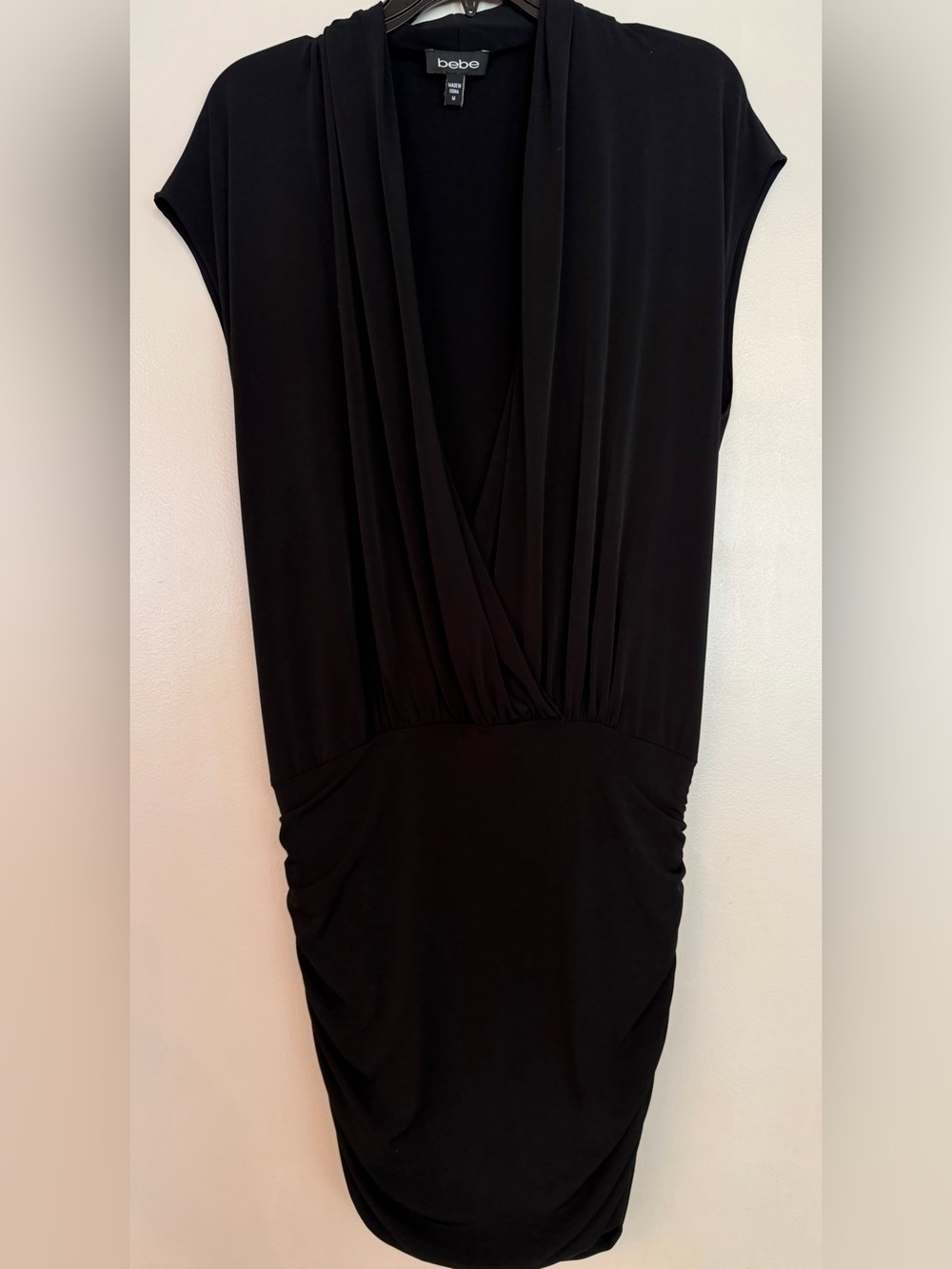 bebe Black One-Shoulder Draped V-Neck Dress